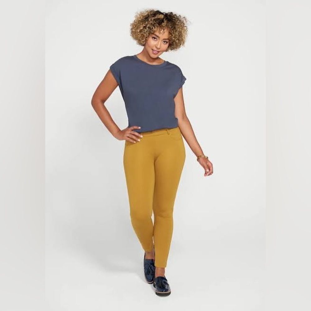 Betabrand Mustard Yellow Skinny 7-Pocket Dress Pant Yoga Pant L Petite